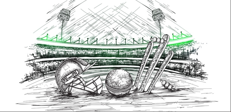 Cartoon cricket stadium with helmet and ball